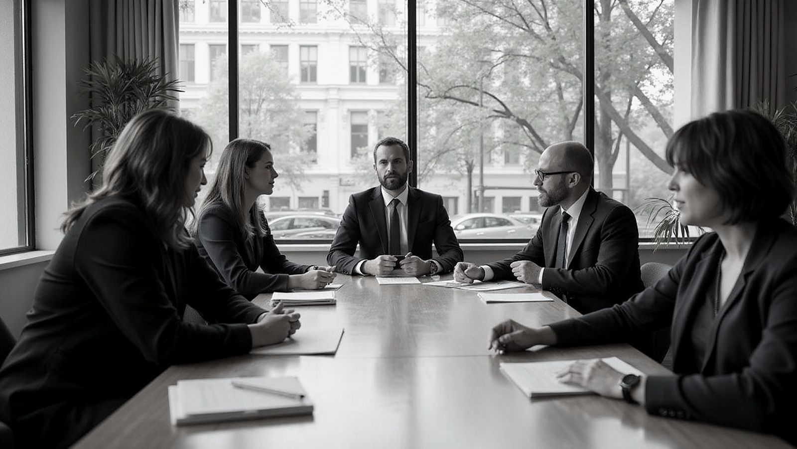 Reunión de trabajo en la sala de juntas de un despacho jurídico